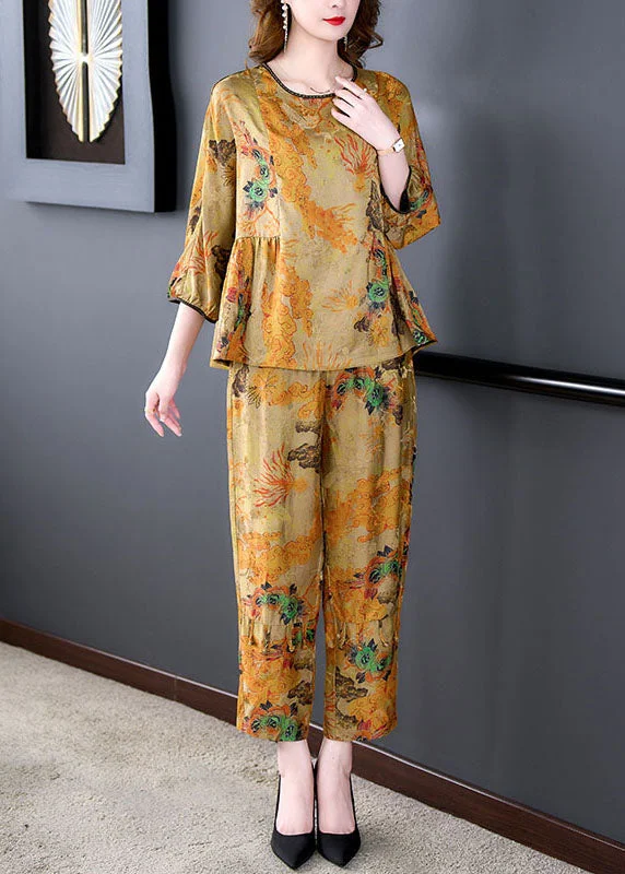Great Deal Women Coffee Print Wrinkled Tops And Pants Silk Two-Piece Set Summer