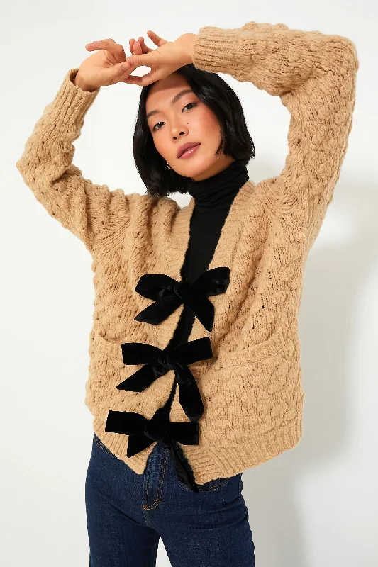 Deal Mania Camel Teresa Bow Tie Long Sleeve Cardigan