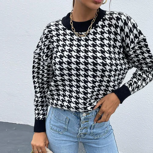 Special Price Houndstooth Round Neck Drop Shoulder Sweater