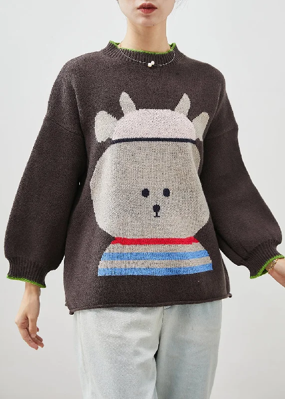 Weekend Specials to Delight Beautiful Brown Oversized Cartoon Print Knit Sweaters Winter