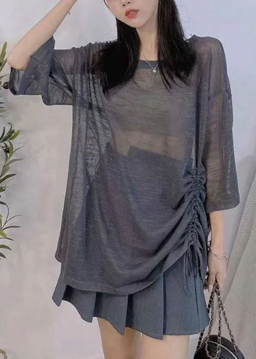 Weekend Specials to Indulge In Loose Dark Gray Lace Up Cozy Ice Silk Knit Top Half Sleeve