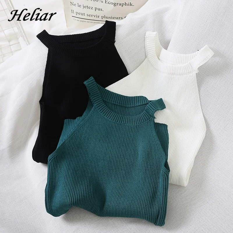 Online Exclusive HELIAR Tops Women Crop Top Knitted Off Shoulder Club Sexy Tank Tops Female Solid O-Neck Crop Top 2020 Summer Tops For Women