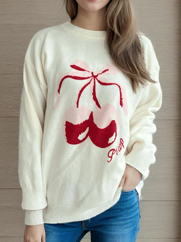 Year-End Deals Cherry Round Neck Long Sleeve Sweater