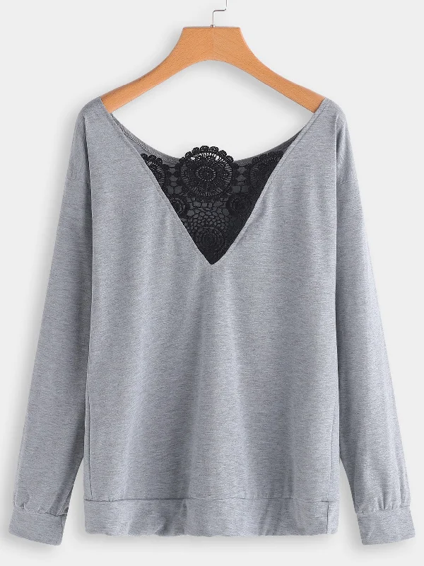 Weekend-Only Price Drops Custom Round Neck One Shoulder Plain Lace Long Sleeve Grey T-Shirts Weekend-Only Price Drops Custom Round Neck One Shoulder Plain Lace Long Sleeve Grey T-Shirts