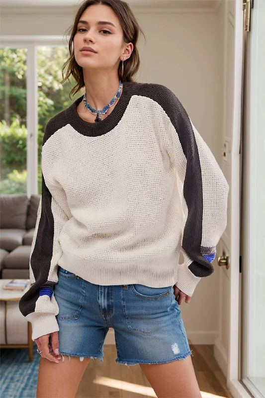 Weekend Deal Waffle-Knit Contrast Round Neck Sweater