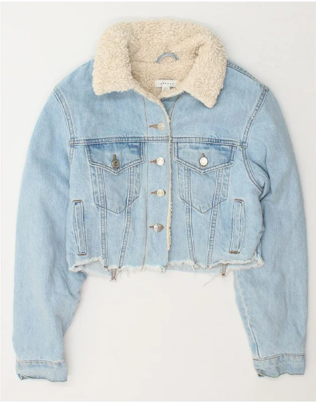 Anniversary Sale TOPSHOP Womens Crop Denim Sherpa Jacket UK 8 Small Blue Cotton