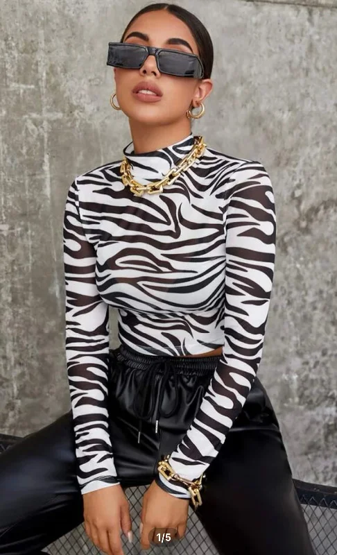 Great Deal Mock Neck Zebra Striped Crop Top