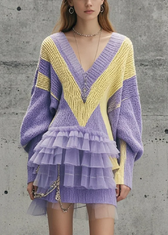 Half Price Modern Lavender V Neck Patchwork Tulle Long Sweater Fall