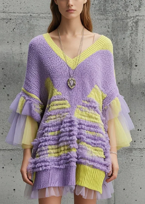 Daily Special Handmade Purple V Neck Patchwork Knit Dress Flare Sleeve