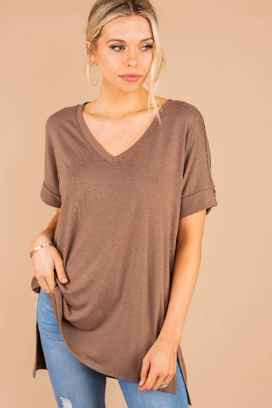 Final Clearance Make Your Life Easy Mocha Brown V-Neck Top