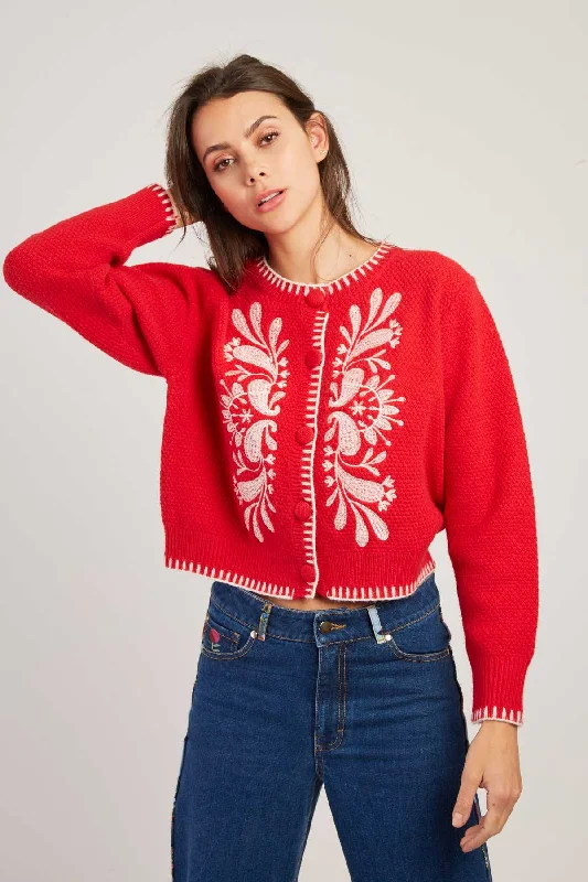 Steals and Deals Dalila Embroidered Cardigan-  Red