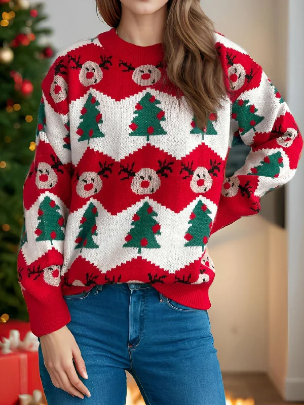 Weekend Deals to Make You Smile Christmas Element Round Neck Long Sleeve Sweater