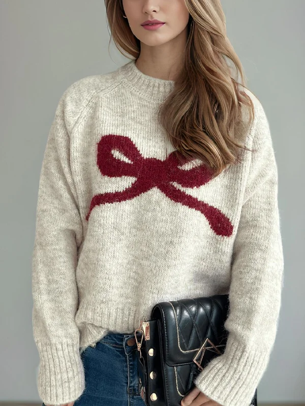 Weekend Deal Bow Round Neck Long Sleeve Sweater