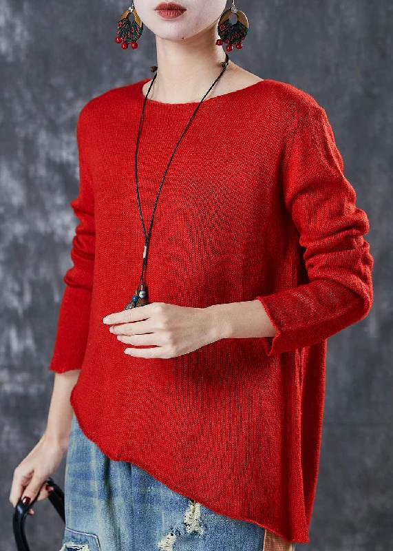 Fantastic Offers Red Loose Knit Sweaters Asymmetrical Design Spring