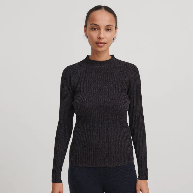 Weekend Offers That Shine Women's High Neck Long Sleeve Rib Raglan Top - 100% Merino - Dark Navy Melange (S, M, L)