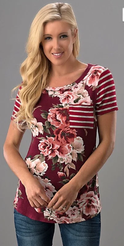 Stock Clearance Burgundy Floral Stripe Top W/ Pocket