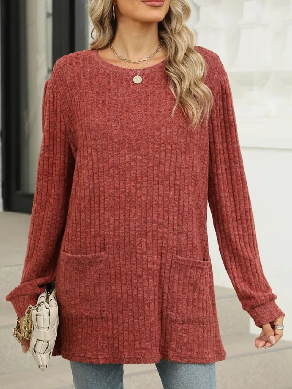 Crazy Deal Pocketed Round Neck Long Sleeve T-Shirt
