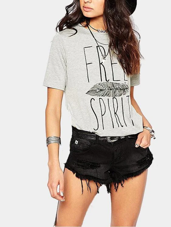 Closeout Custom Round Neck Letter Slit Short Sleeve Irregular Hem Grey T-Shirts