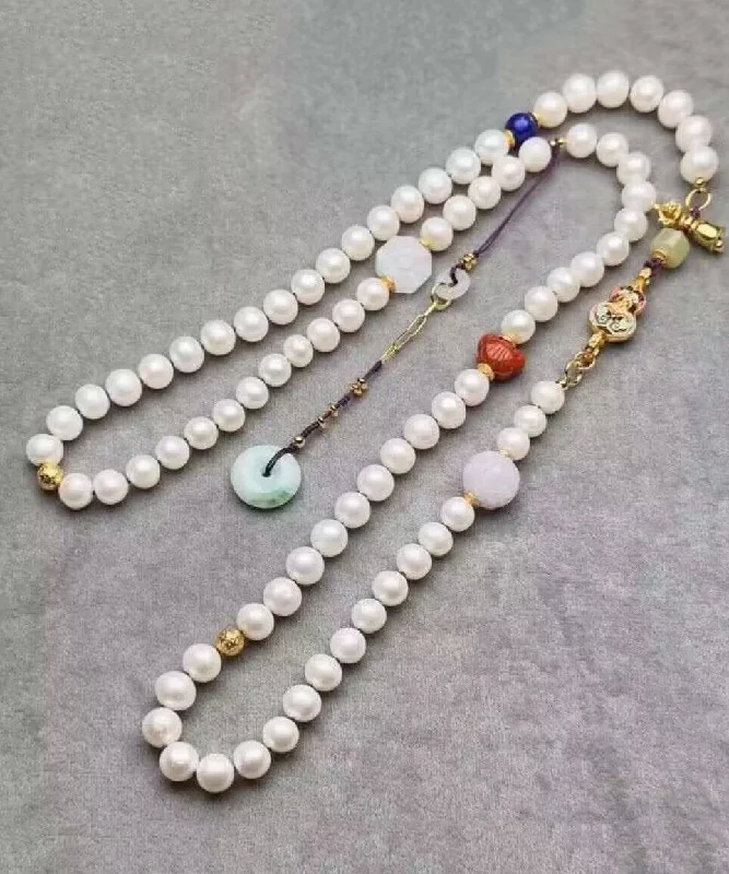 Massive Savings Handmade White Jade Pearl Agate Beading Tassel Sweater Lariat Necklace