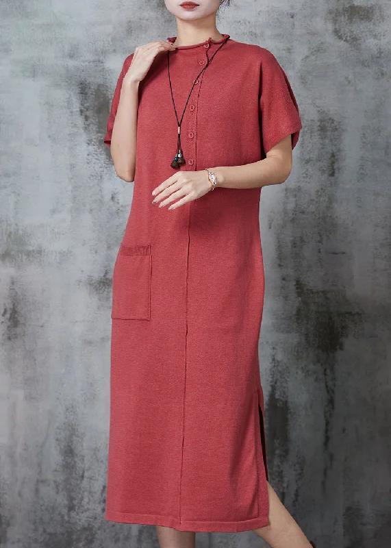 Exclusive Access Style Brick Red Side Open Silm Fit Knit Dress Summer