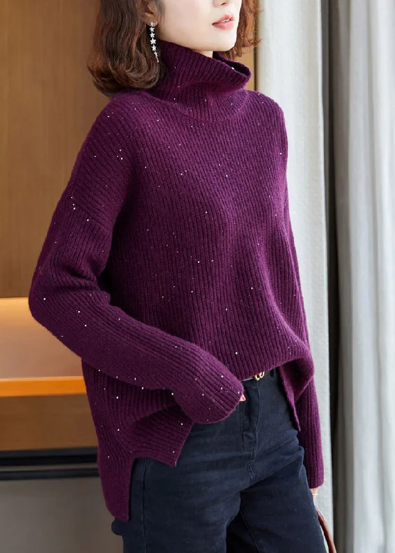 Loyalty Reward Italian Purple Hign Neck Sequins Knit Pullover Sweaters Winter