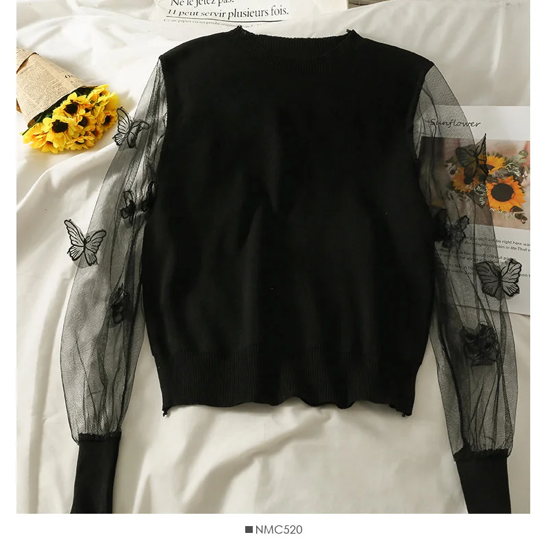 Weekend Offers That Shine Mesh stitched three-dimensional butterfly long sleeve Pullover Sweater for women  2049