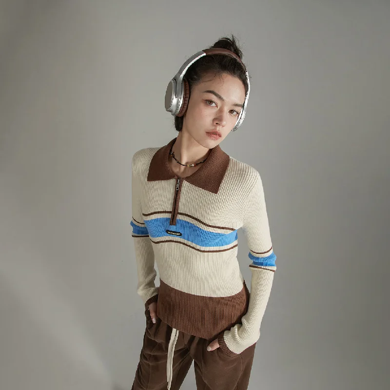 Overstock Sale Half Zip-Up Color Collar Knit Sweater