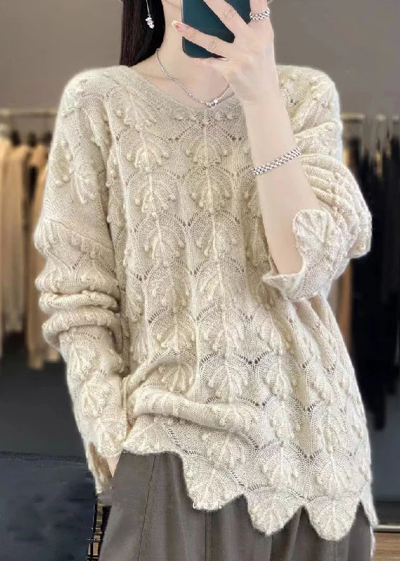 Weekend Shopping Made Better Elegant Light Camel V Neck Hollow Out Woolen Knit Sweaters Fall