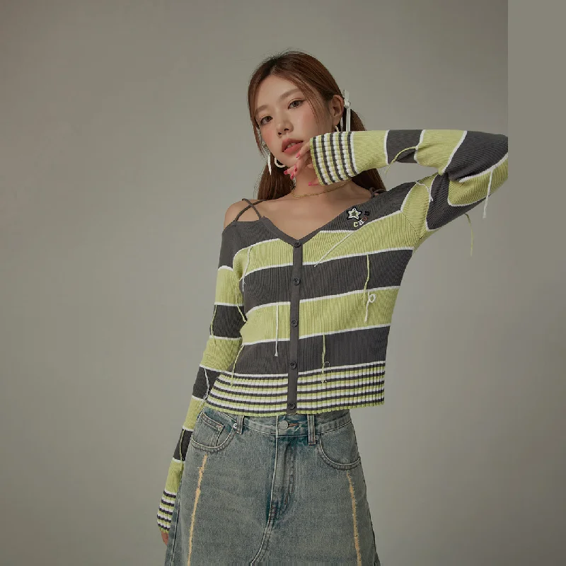 Extra Discount Color Combination Stripe Off The Shoulder Knit Sweater