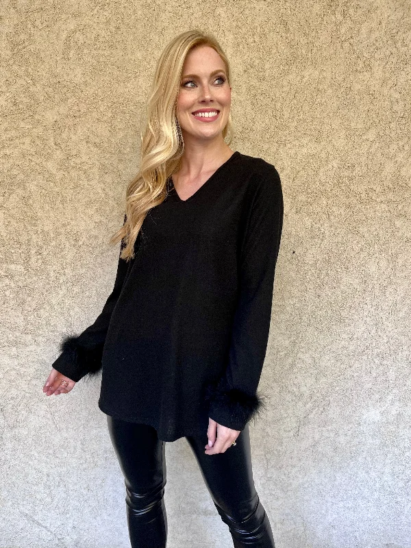 Clearance Sale Black Sweater With Fur Trim Sleeves