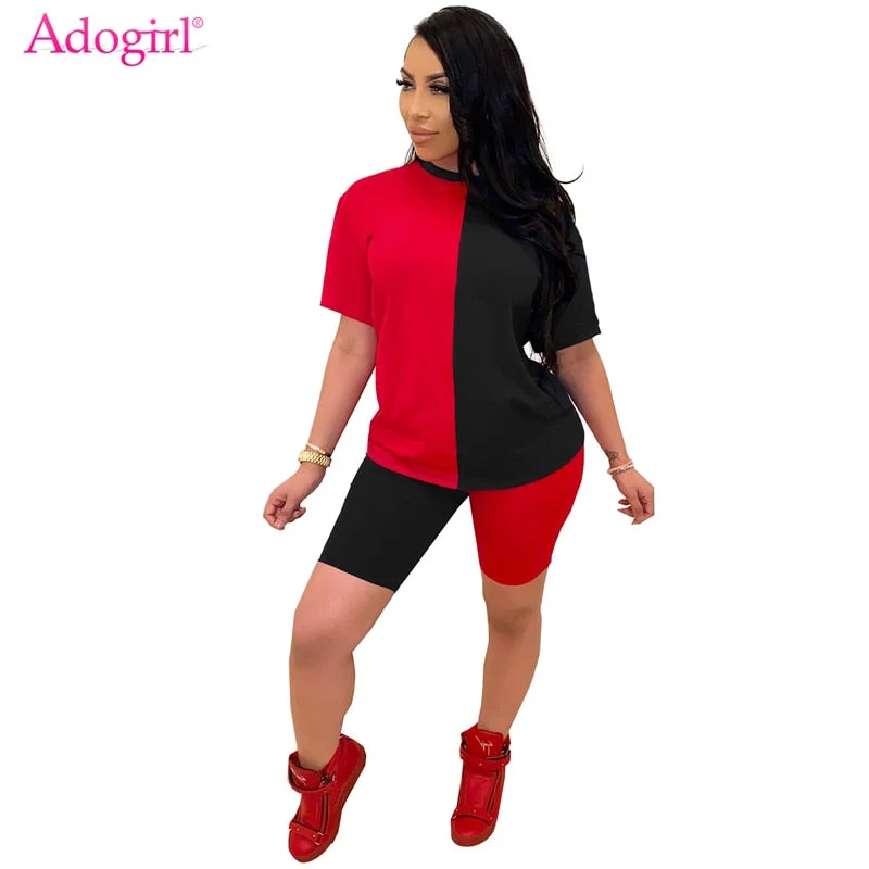 Weekend Bargains to Indulge In Adogirl Color Patchwork Women Casual Two Piece Set Tracksuit O Neck Short Sleeve T Shirt Top and Shorts Summer Fashion Suit