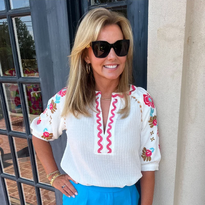 Savings Galore Francis Floral Embroidered Puff Sleeve Top | White
