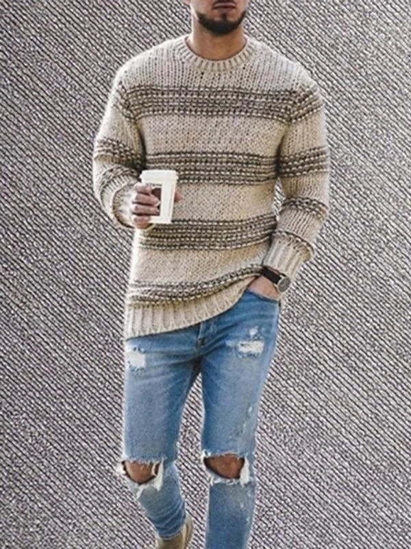 Weekend Bargains to Relish Striped Round Neck Men Pullover Sweater