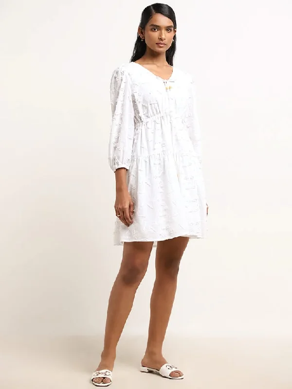 Year-End Sale LOV White Floral Embroidered Casual Cotton A-Line Dress