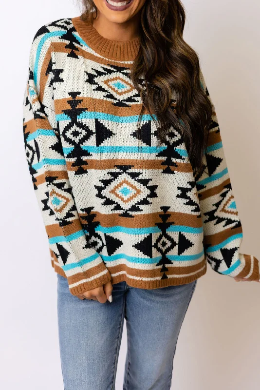 Weekend Wonders Await! Brown Geometric Striped Knit Ribbed Trim Sweater