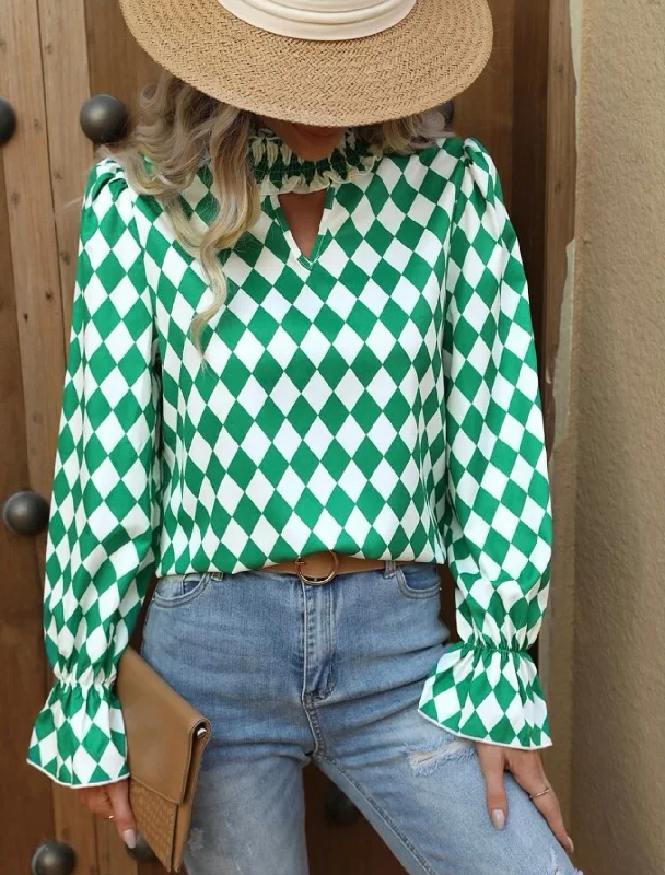 Price Drop Alert Green and White Diamond Mock Neck Blouse