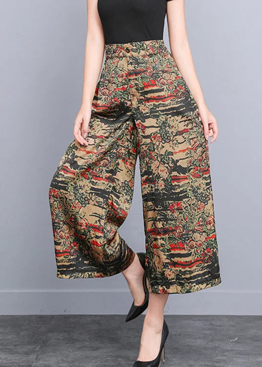 Online Only Yellow Print Elastic Waist Silk Wide Leg Pants Summer