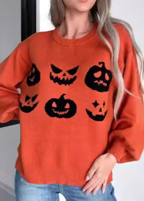 Weekend Savings Sensation Loose Orange O Neck Cozy Knit Sweater Long Sleeve