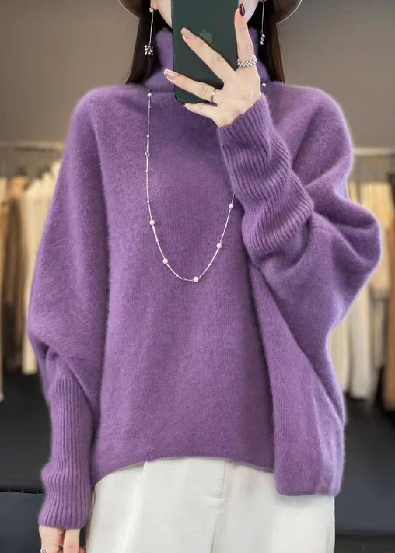 Can't Be Beat Loose Purple Hign Neck Versatile Woolen Sweater Tops Spring
