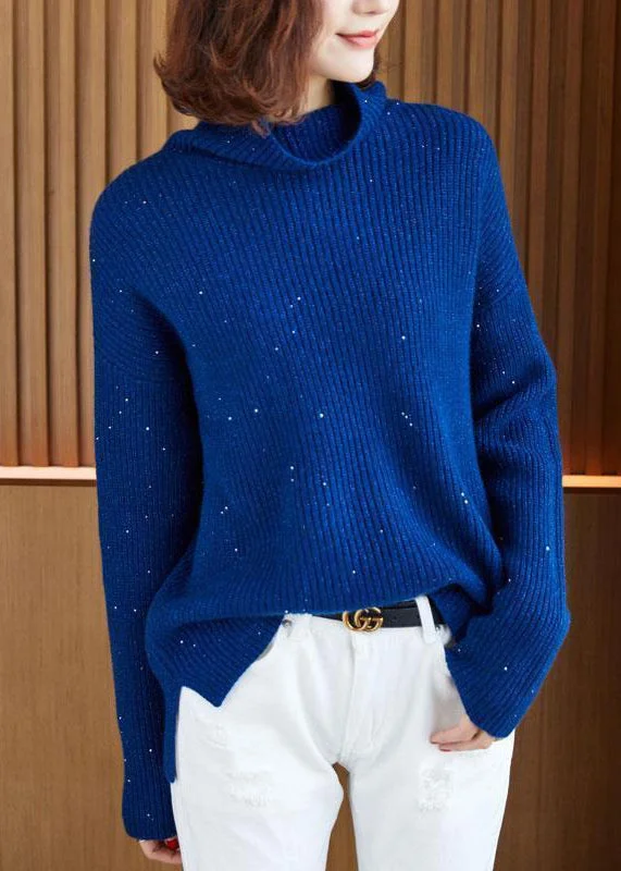 Factory Direct Sale Women Blue Turtleneck Side Open Cotton Knit Sweaters Long Sleeve