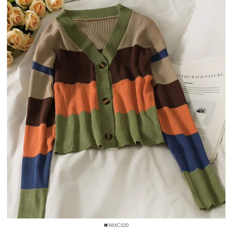 Special Savings Elegant color contrast single breasted low neck slim fit sweater  2070