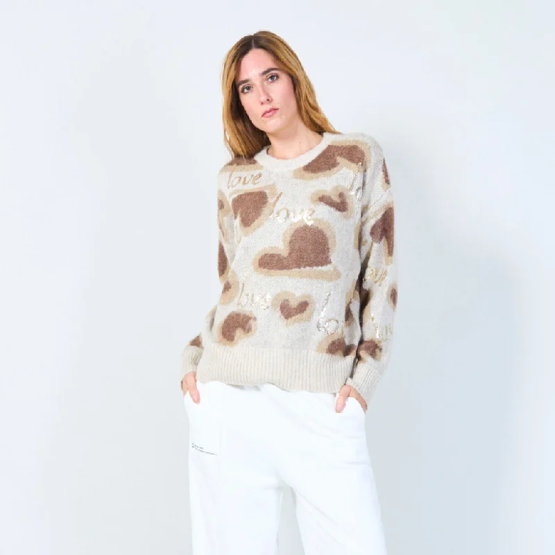 Quick Sale Love motif fuzzy knit sweater wholesale