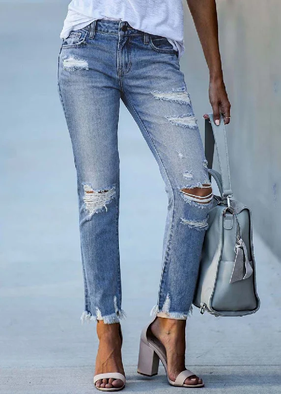 Time-Limited Offer Women Light Blue High Waist Denim Ripped Pants Trousers Summer