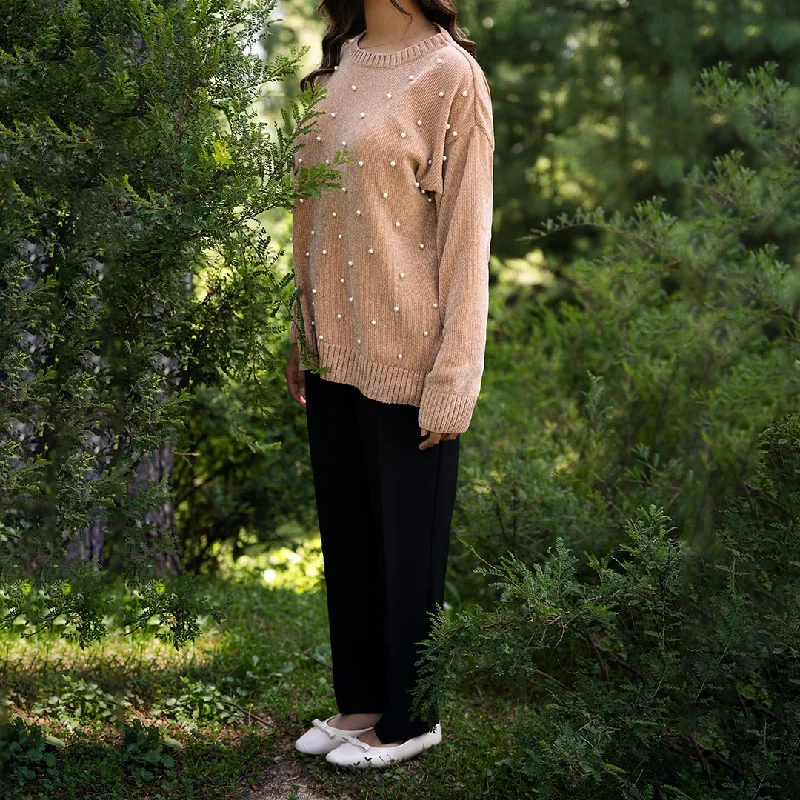 Crazy Deal Beige Velvet Sweater with Beads on Front PW4829
