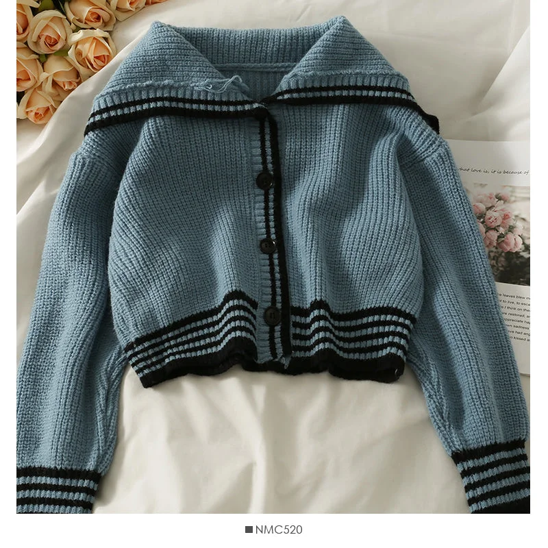 Weekend Discounts You Deserve Korean stripe large lapel single breasted short cardigan sweater  2051