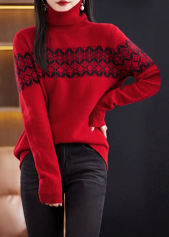 YEAR-End Sale Red Patchwork Cozy Cotton Knit Sweaters Turtleneck Winter