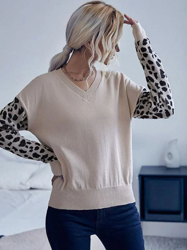 Weekend Shopping Extravaganza V-Neck Knitted Sweater Top Women With Wild Print Sleeves