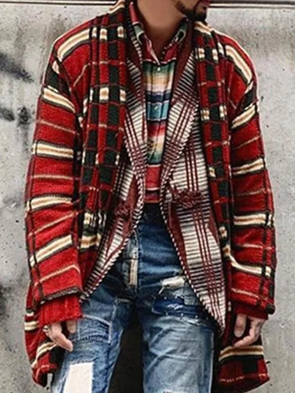Fantastic Deals Long Plaid Knitted Men Cardigan Sweater