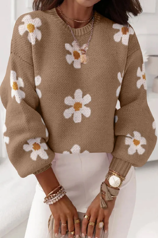 Weekend Discounts to Delight Pink Floral Pattern Drop Shoulder Pullover Knit Sweater