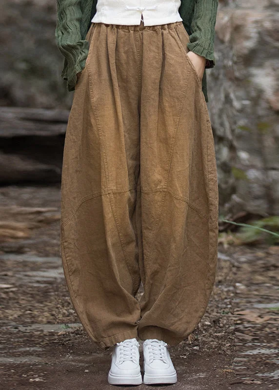 Weekend Bargains to Sizzle Coffee Pockets Patchwork Elastic Waist Linen Lantern Pants Fall Weekend Bargains to Sizzle Coffee Pockets Patchwork Elastic Waist Linen Lantern Pants Fall